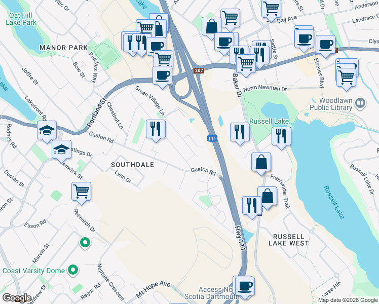 map of restaurants, bars, coffee shops, grocery stores, and more near 197 Green Village Lane in Dartmouth