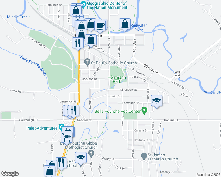 map of restaurants, bars, coffee shops, grocery stores, and more near 813 Kingsbury Street in Belle Fourche