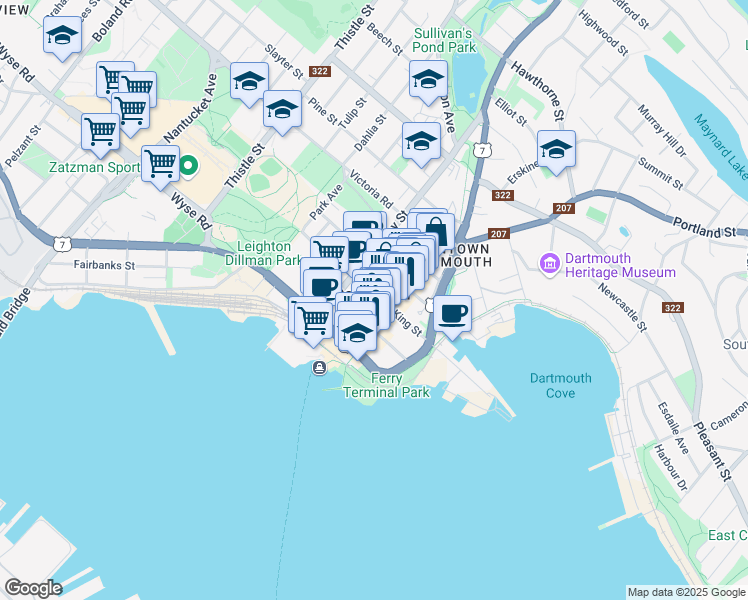 map of restaurants, bars, coffee shops, grocery stores, and more near in Dartmouth