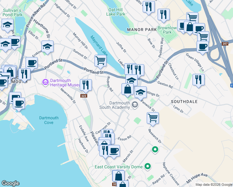 map of restaurants, bars, coffee shops, grocery stores, and more near 22 Rodney Road in Dartmouth