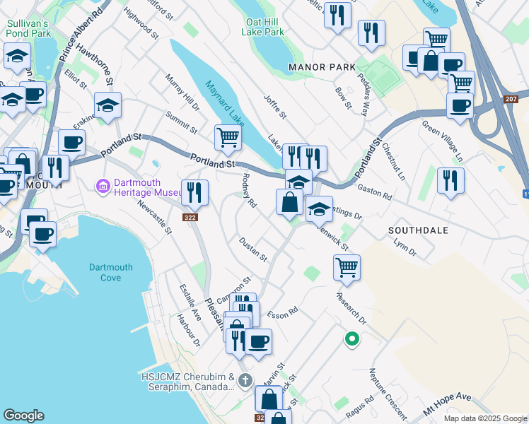 map of restaurants, bars, coffee shops, grocery stores, and more near 22 Rodney Road in Dartmouth