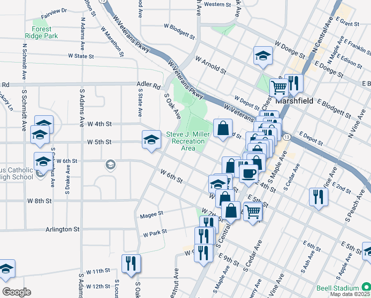 map of restaurants, bars, coffee shops, grocery stores, and more near 410 South Pine Avenue in Marshfield