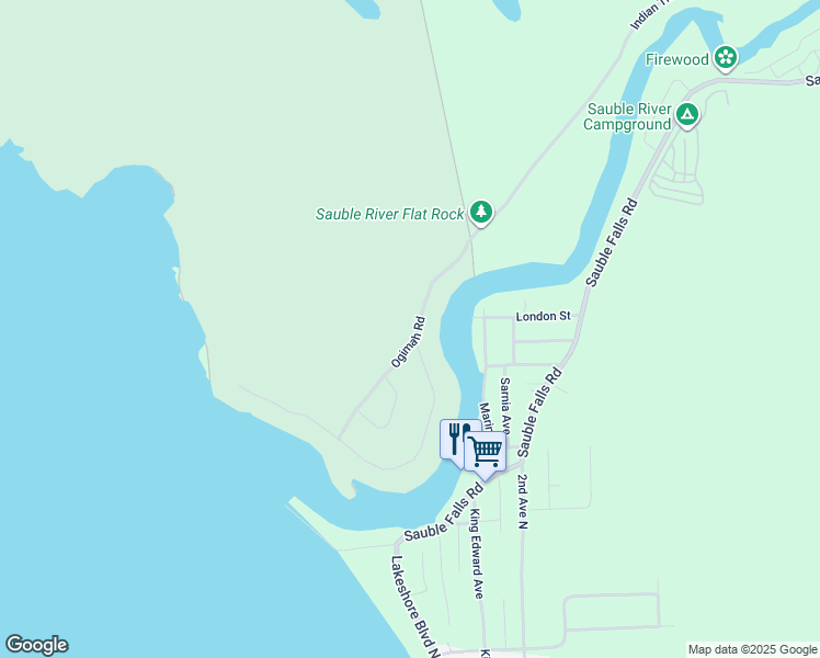map of restaurants, bars, coffee shops, grocery stores, and more near 220 Ogimah Road in Wiarton