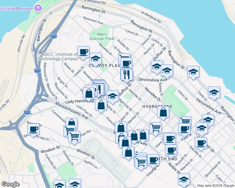 map of restaurants, bars, coffee shops, grocery stores, and more near 5691 Duffus Street in Halifax