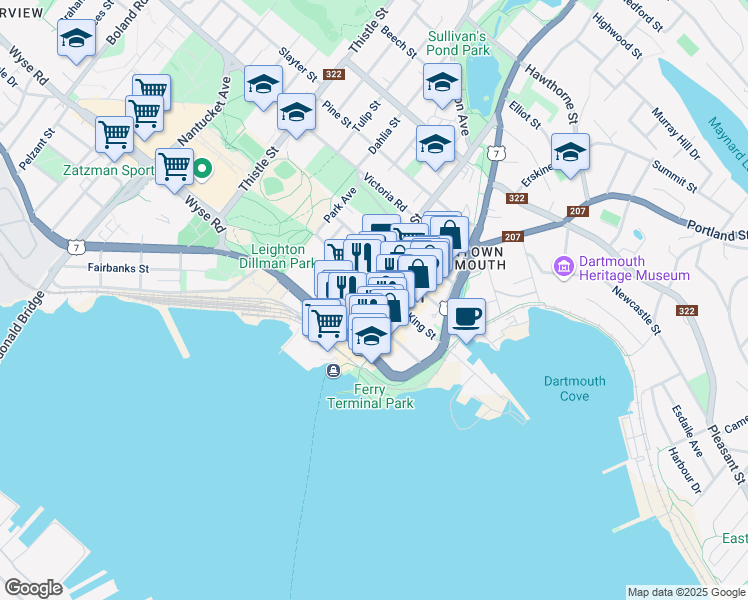 map of restaurants, bars, coffee shops, grocery stores, and more near 28 Queen Street in Dartmouth