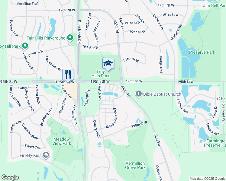 map of restaurants, bars, coffee shops, grocery stores, and more near 19627 Meadowlark Way in Farmington