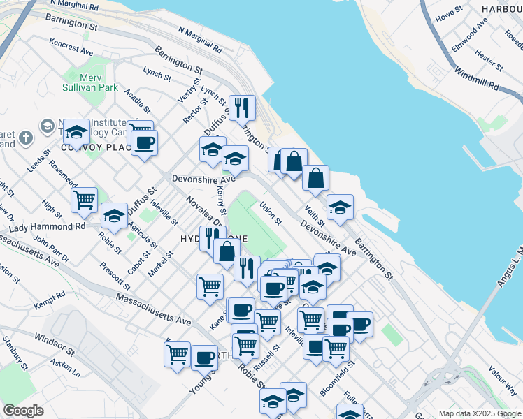 map of restaurants, bars, coffee shops, grocery stores, and more near 3264 Union Street in Halifax