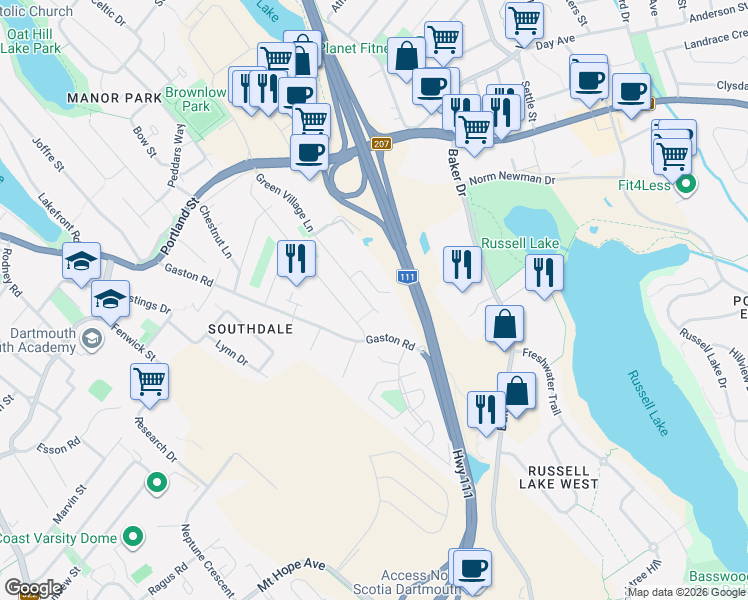 map of restaurants, bars, coffee shops, grocery stores, and more near 200 Green Village Lane in Dartmouth