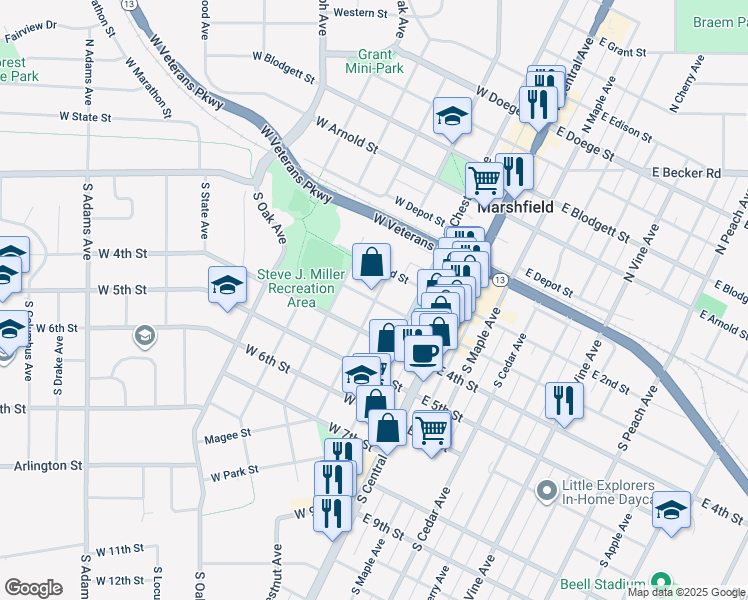 map of restaurants, bars, coffee shops, grocery stores, and more near 305 West 3rd Street in Marshfield