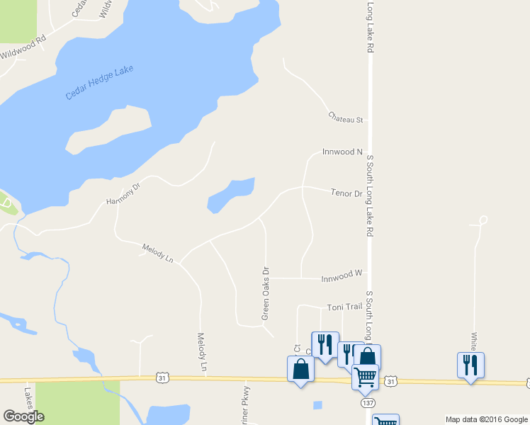 map of restaurants, bars, coffee shops, grocery stores, and more near 9846 Tenor Drive in Interlochen