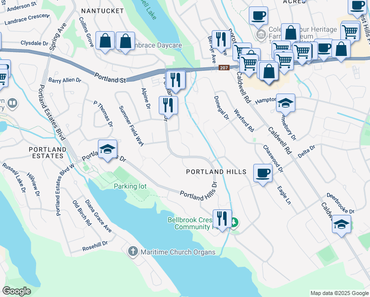 map of restaurants, bars, coffee shops, grocery stores, and more near 28 Woodhaven Close in Dartmouth