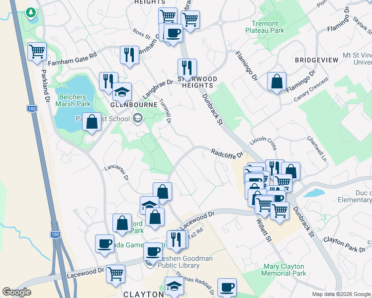 map of restaurants, bars, coffee shops, grocery stores, and more near 1 Brackley Place in Halifax