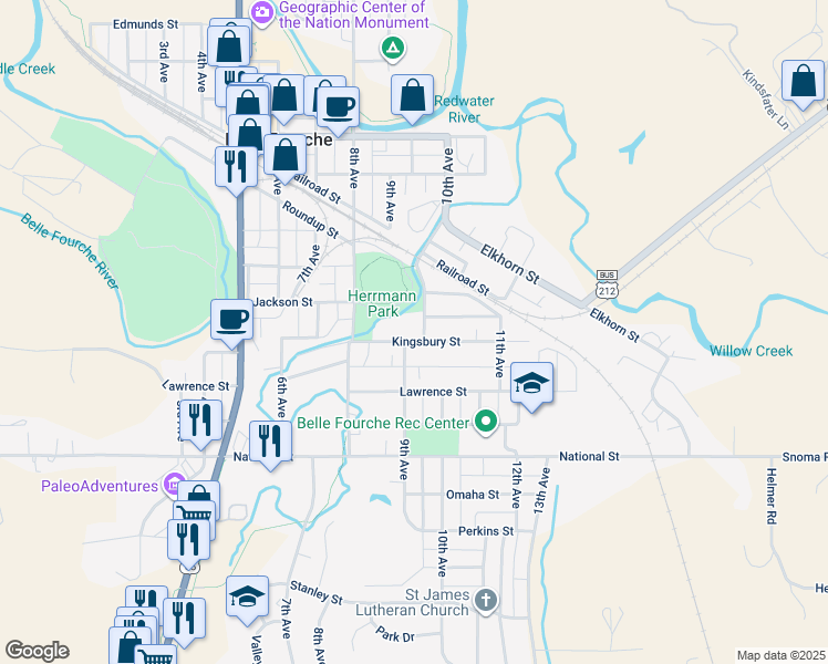 map of restaurants, bars, coffee shops, grocery stores, and more near 1022 Kingsbury Street in Belle Fourche