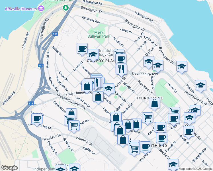 map of restaurants, bars, coffee shops, grocery stores, and more near 3534 Agricola Street in Halifax