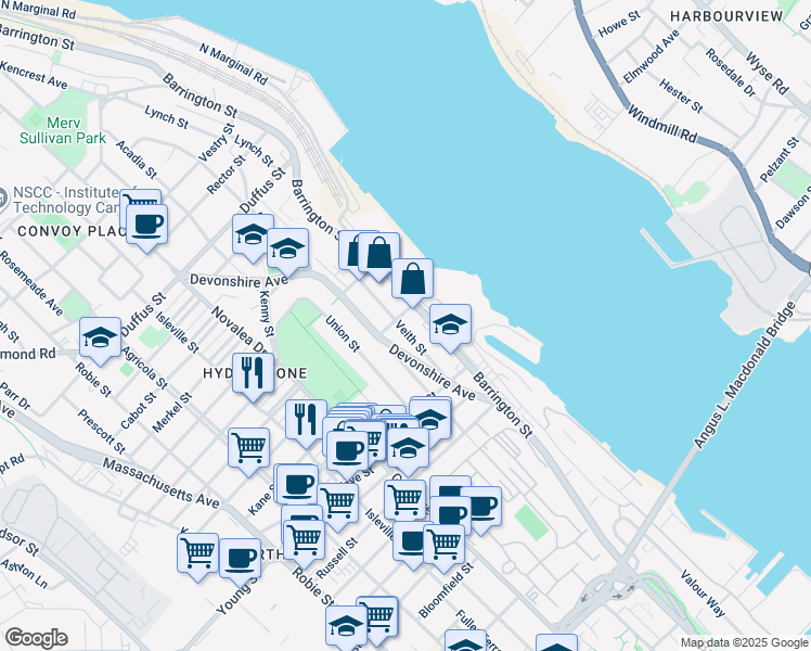 map of restaurants, bars, coffee shops, grocery stores, and more near 3195 Veith Street in Halifax