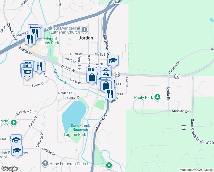 map of restaurants, bars, coffee shops, grocery stores, and more near 230 Broadway Street South in Jordan