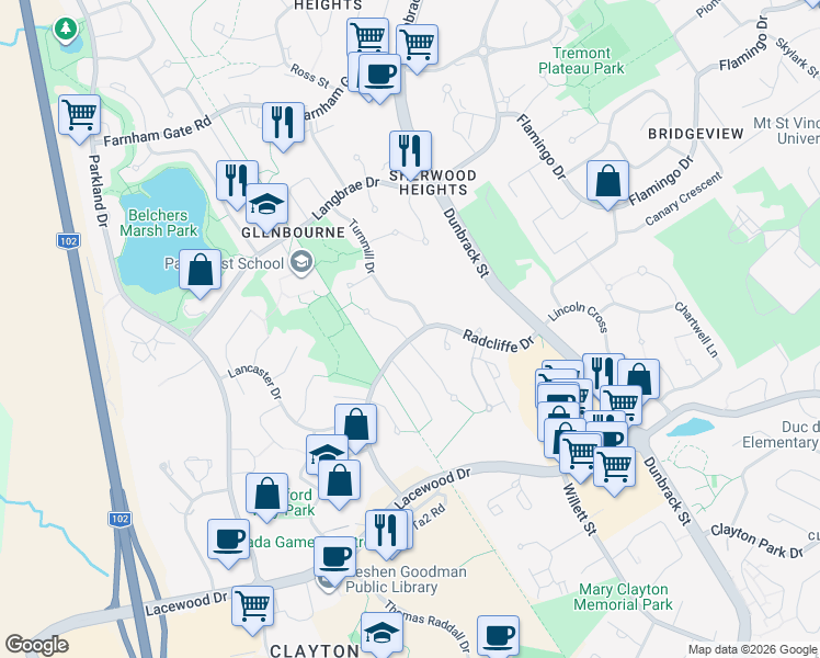 map of restaurants, bars, coffee shops, grocery stores, and more near 1 Brackley Place in Halifax