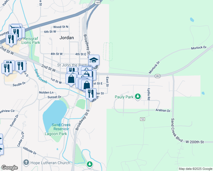 map of restaurants, bars, coffee shops, grocery stores, and more near 412 1st Street East in Jordan