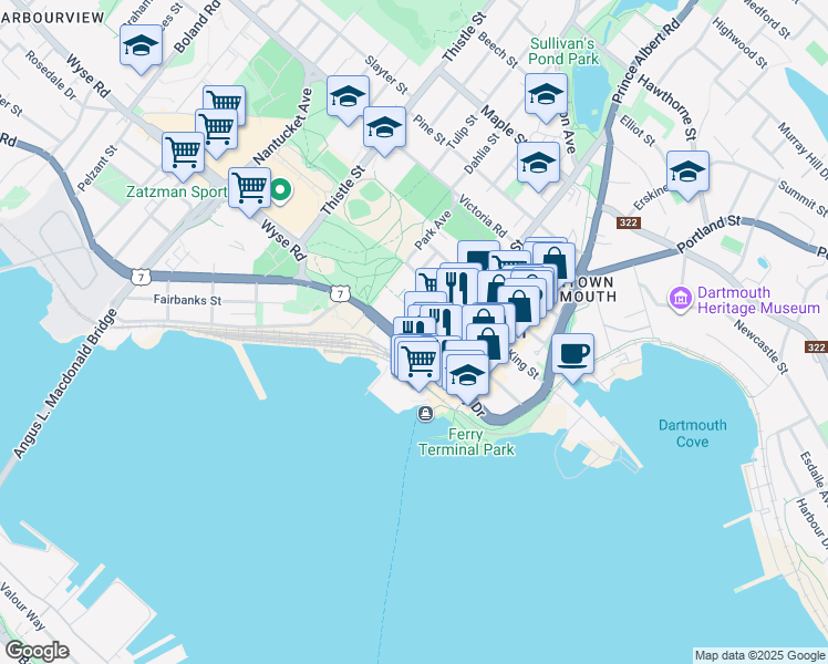 map of restaurants, bars, coffee shops, grocery stores, and more near 25 Alderney Drive in Dartmouth