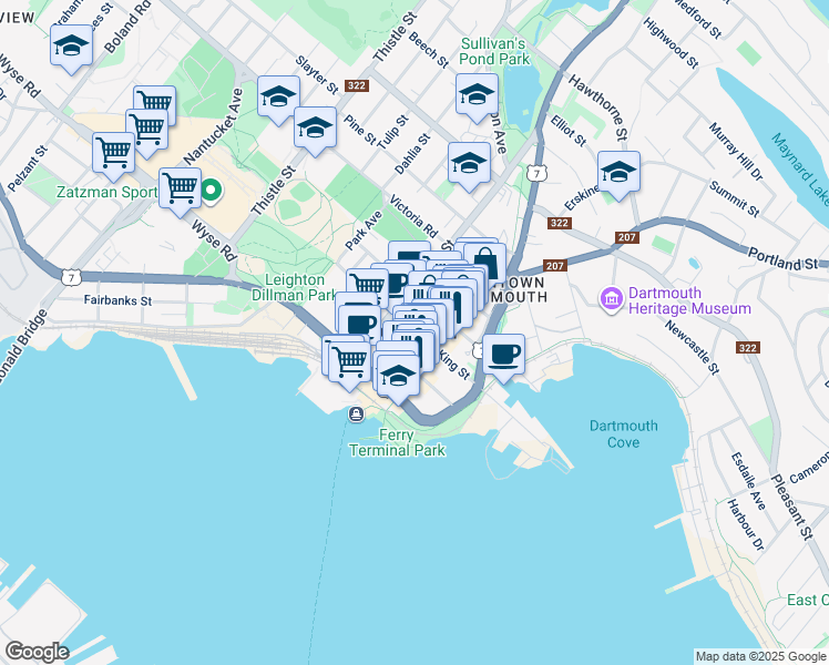 map of restaurants, bars, coffee shops, grocery stores, and more near in Dartmouth
