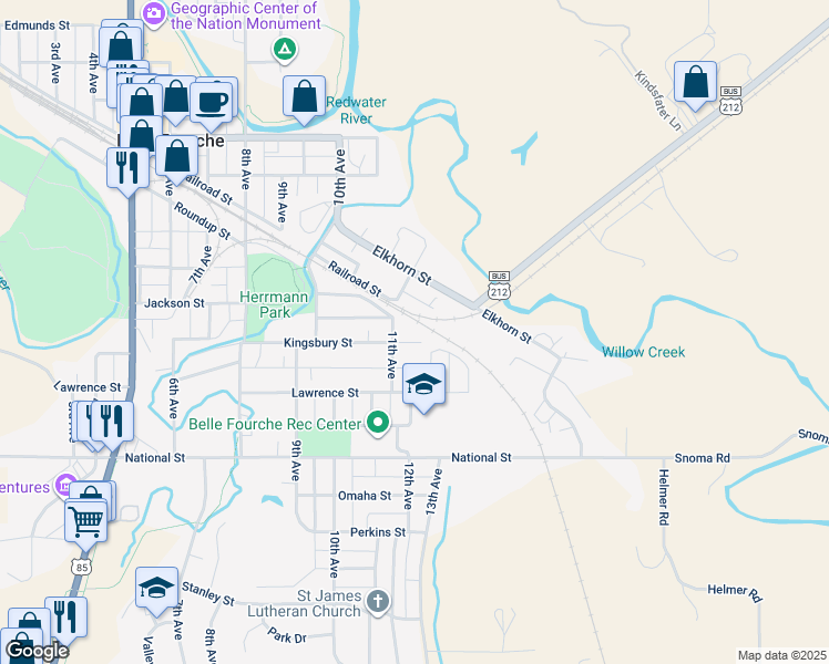 map of restaurants, bars, coffee shops, grocery stores, and more near 1212-1214 Kinsbury Street in Belle Fourche