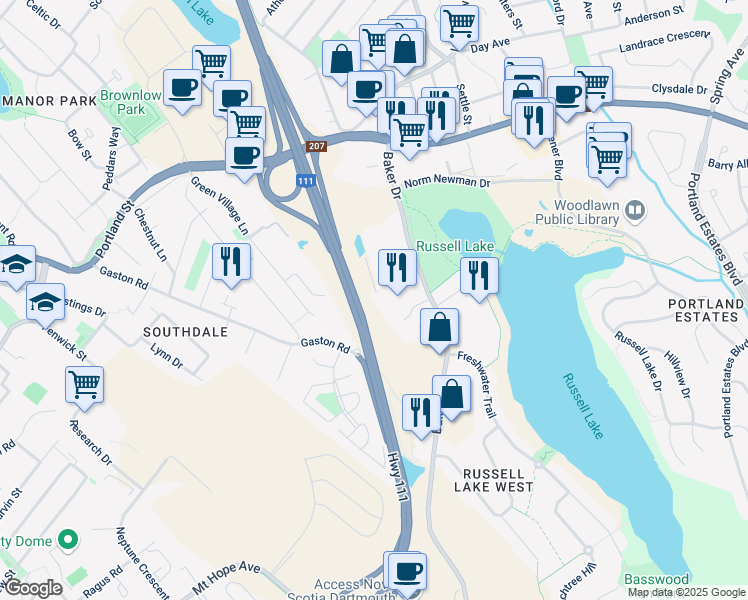 map of restaurants, bars, coffee shops, grocery stores, and more near Nova Scotia 111 in Dartmouth
