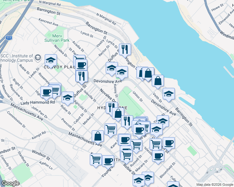 map of restaurants, bars, coffee shops, grocery stores, and more near Kenny Street in Halifax