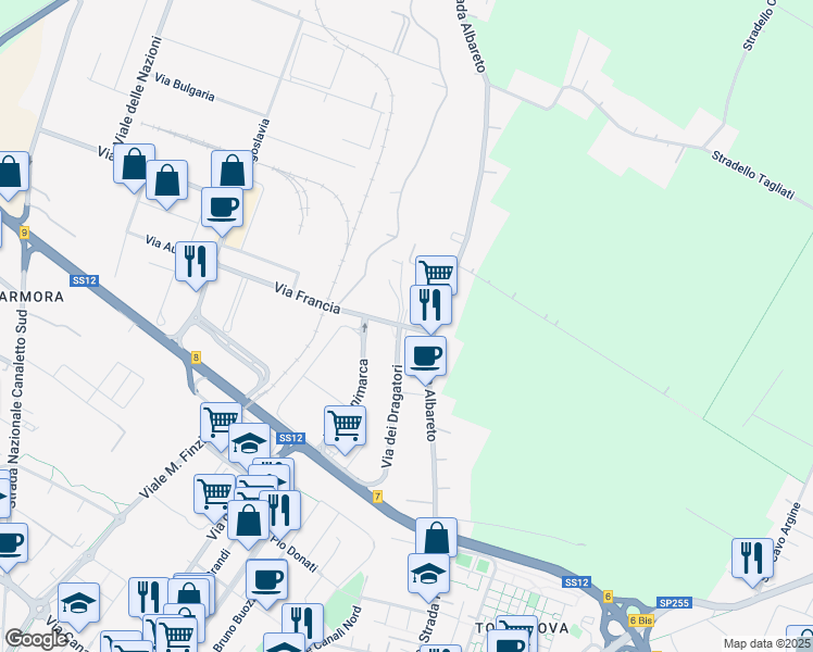 map of restaurants, bars, coffee shops, grocery stores, and more near in Modena