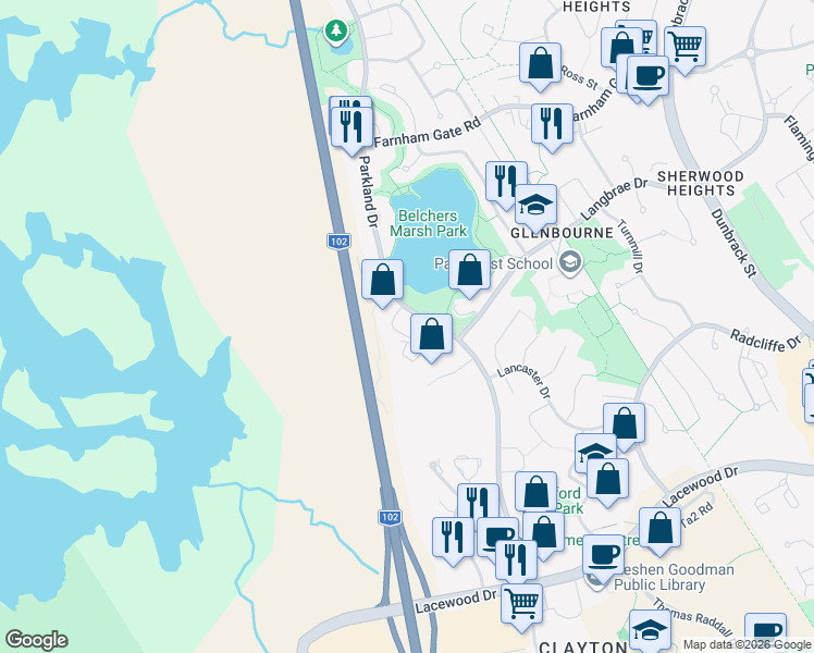 map of restaurants, bars, coffee shops, grocery stores, and more near 9 Carrington Place in Halifax