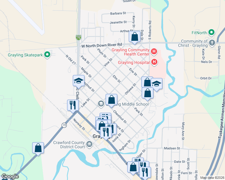 map of restaurants, bars, coffee shops, grocery stores, and more near 601 Park Street in Grayling