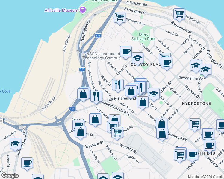 map of restaurants, bars, coffee shops, grocery stores, and more near 3674 Bright Street in Halifax