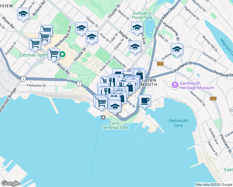 map of restaurants, bars, coffee shops, grocery stores, and more near 67 King Street in Dartmouth
