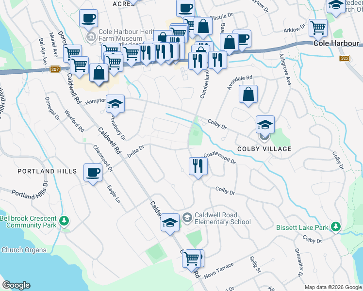 map of restaurants, bars, coffee shops, grocery stores, and more near 10 Delwood Place in Dartmouth