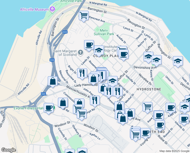 map of restaurants, bars, coffee shops, grocery stores, and more near 6045 Lady Hammond Road in Halifax