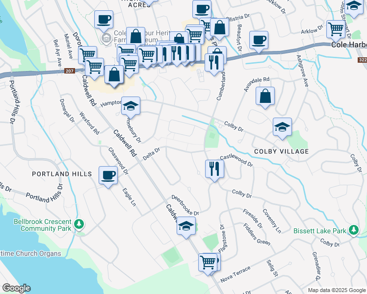 map of restaurants, bars, coffee shops, grocery stores, and more near 95 Hardisty Court in Dartmouth