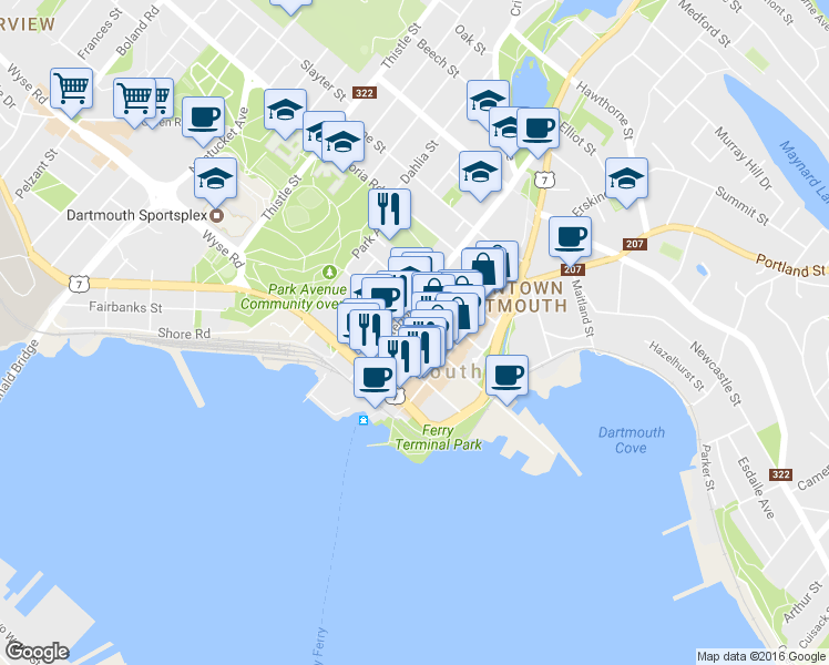 map of restaurants, bars, coffee shops, grocery stores, and more near 67 King Street in Dartmouth