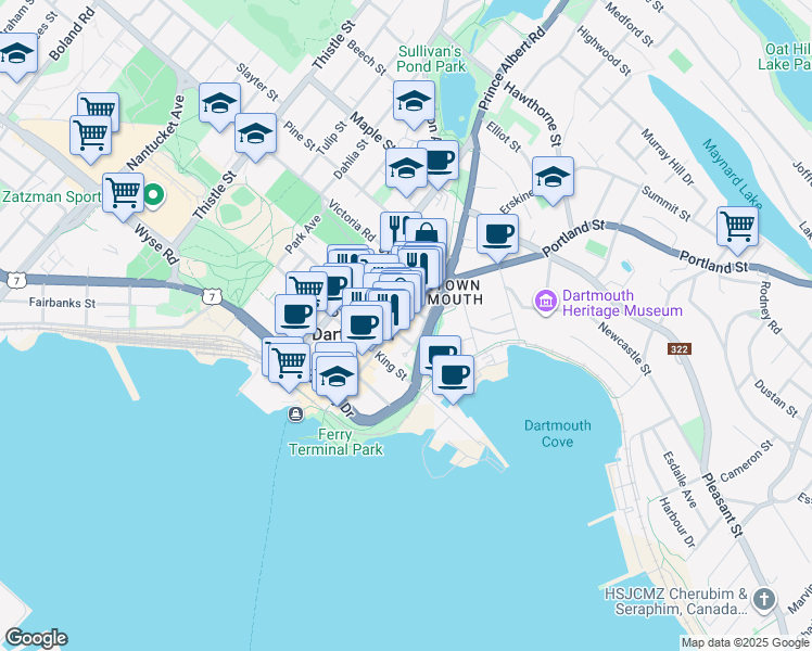 map of restaurants, bars, coffee shops, grocery stores, and more near 110 Portland Street in Dartmouth