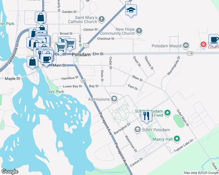 map of restaurants, bars, coffee shops, grocery stores, and more near 21 Cedar Street in Potsdam