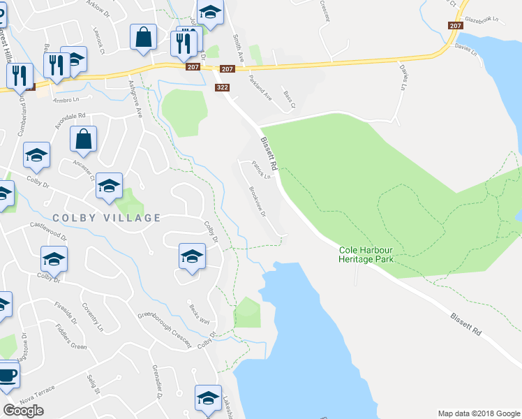 map of restaurants, bars, coffee shops, grocery stores, and more near Brookview Drive in Cole Harbour