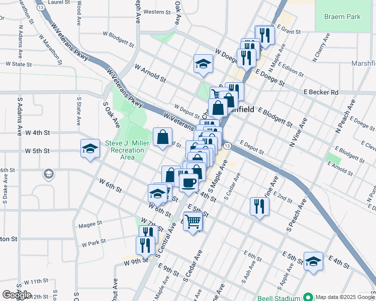 map of restaurants, bars, coffee shops, grocery stores, and more near 202 South Chestnut Avenue in Marshfield