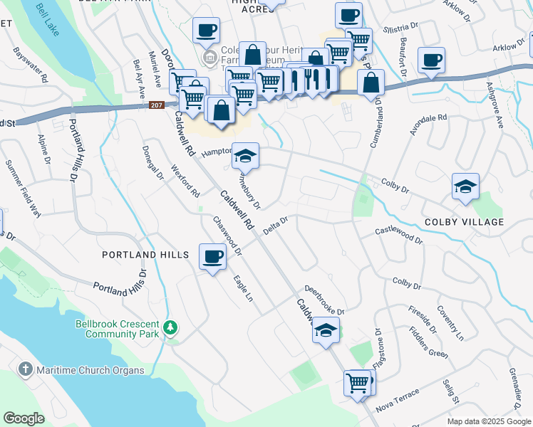 map of restaurants, bars, coffee shops, grocery stores, and more near 68 Hannebury Drive in Dartmouth