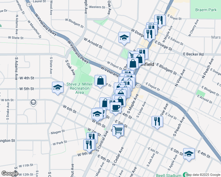 map of restaurants, bars, coffee shops, grocery stores, and more near 202 South Chestnut Avenue in Marshfield