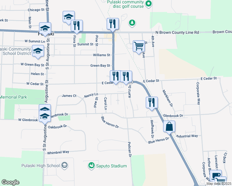 map of restaurants, bars, coffee shops, grocery stores, and more near 410 East Cedar Street in Pulaski