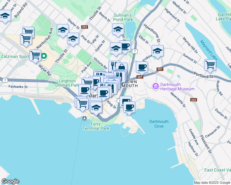 map of restaurants, bars, coffee shops, grocery stores, and more near 112 Portland Street in Dartmouth