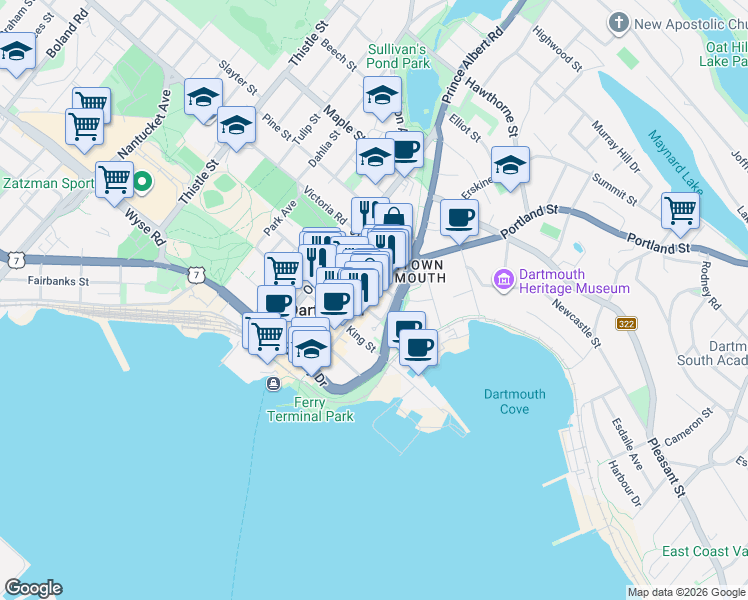 map of restaurants, bars, coffee shops, grocery stores, and more near 112 Portland Street in Dartmouth