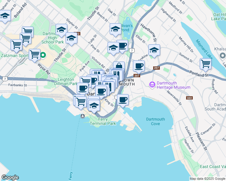 map of restaurants, bars, coffee shops, grocery stores, and more near 112 Portland Street in Dartmouth