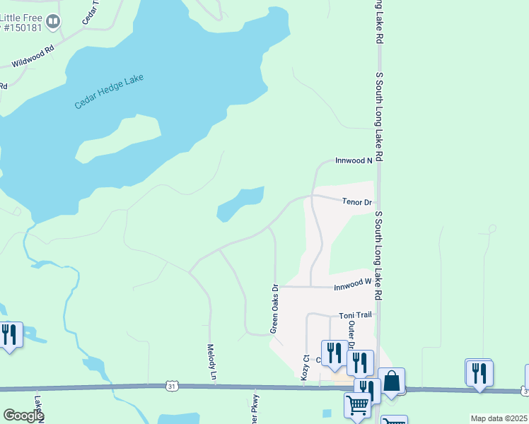 map of restaurants, bars, coffee shops, grocery stores, and more near 9700-9846 Tenor Drive in Interlochen