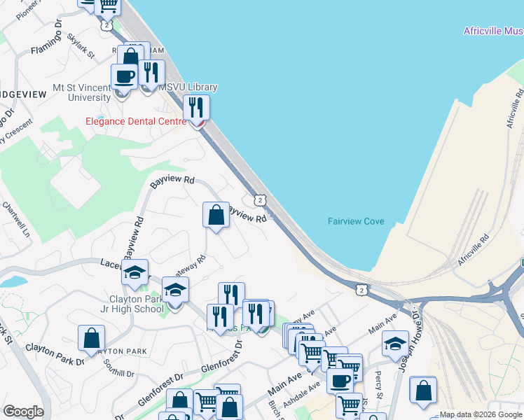 map of restaurants, bars, coffee shops, grocery stores, and more near 7 Bayview Road in Halifax