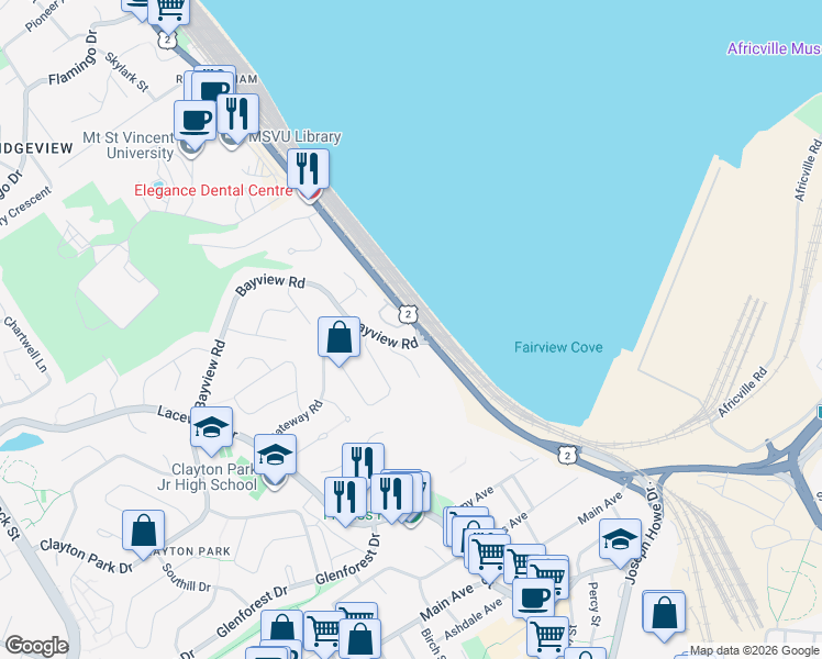 map of restaurants, bars, coffee shops, grocery stores, and more near 7 Bayview Road in Halifax