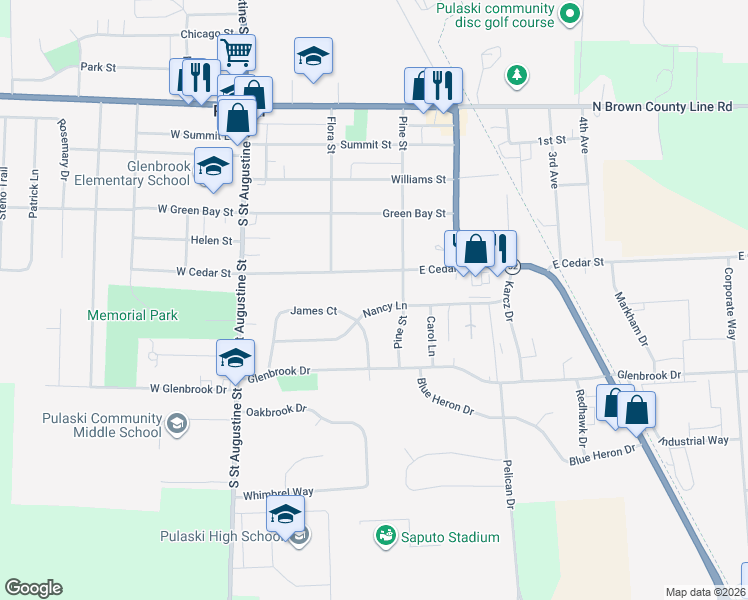map of restaurants, bars, coffee shops, grocery stores, and more near 230 East Cedar Street in Pulaski